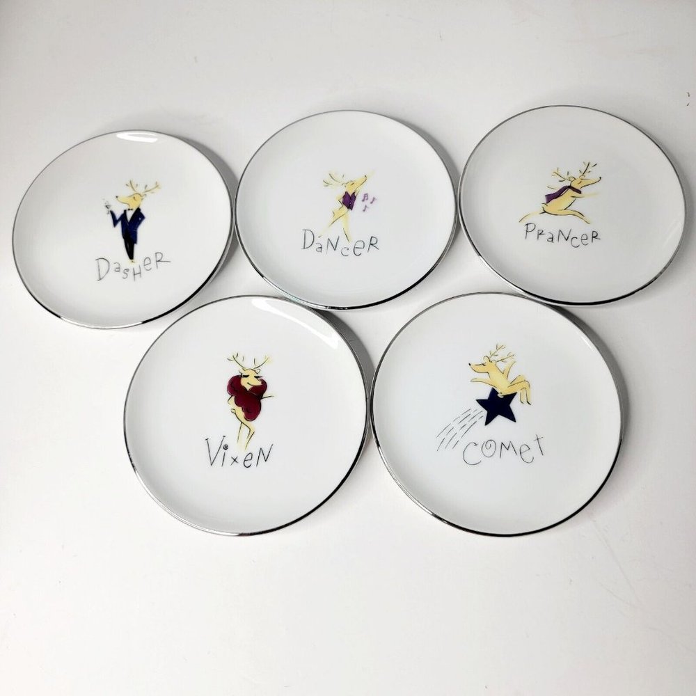 Set of 5 Pottery Barn Reindeer Coasters Silver Rimmed Christmas Martini Wine